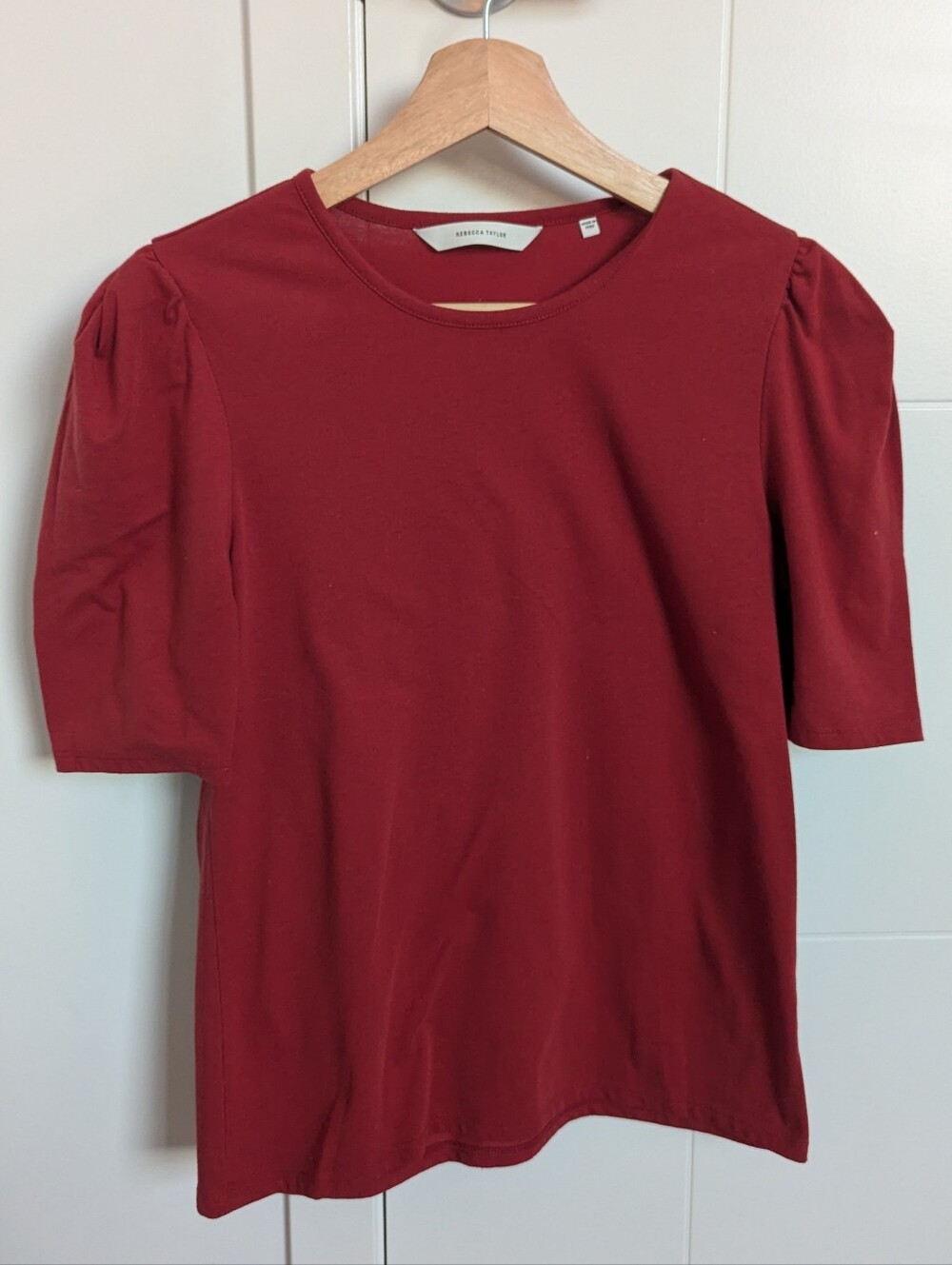 Rebecca Taylor Short Puff Sleeve Crewneck Top — Wine Red